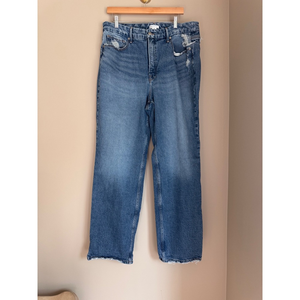 Good American Good 90s High Rise Straight Leg Distressed Jeans Indigo Size 15‎
